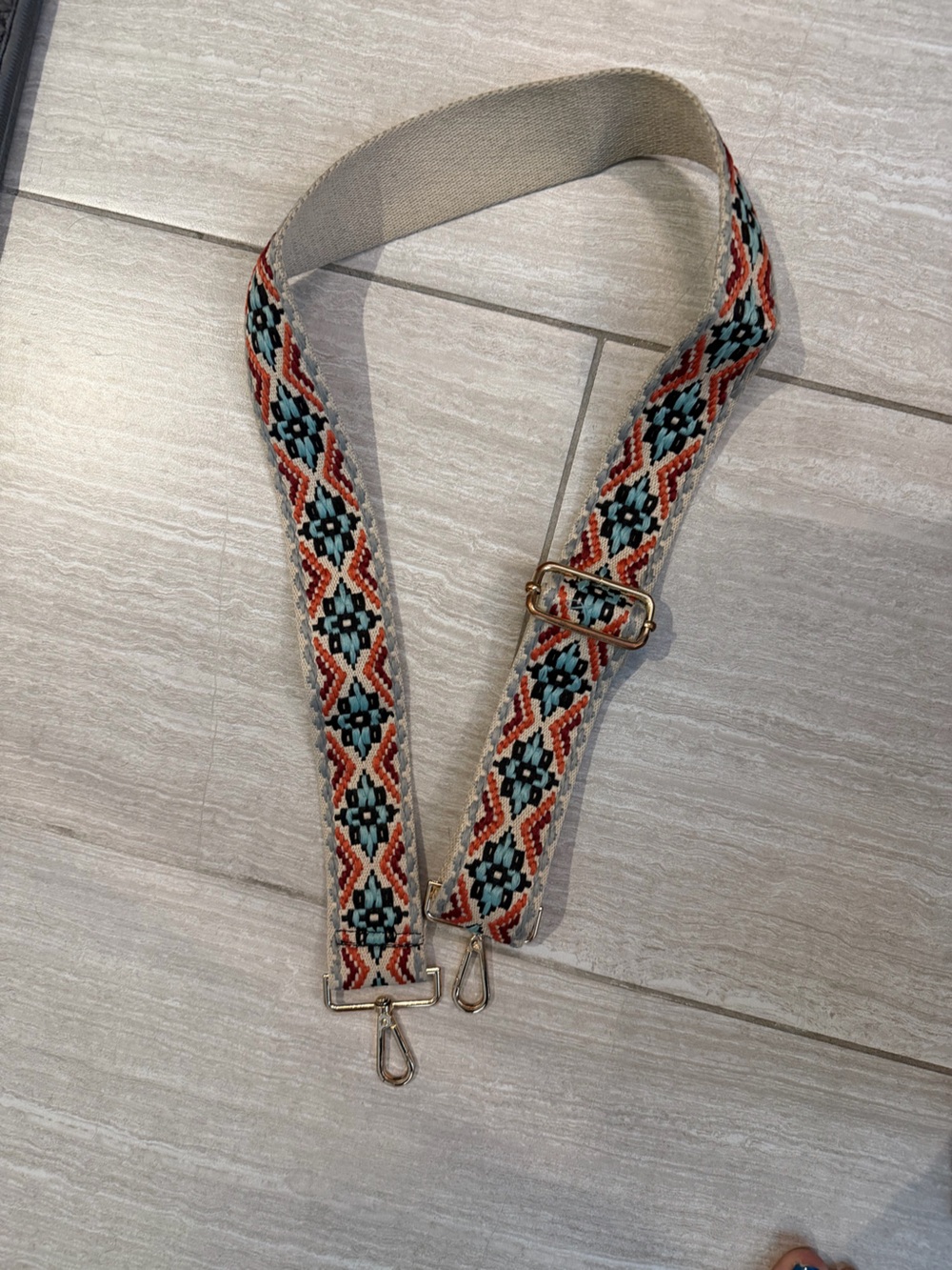 Embroidered Geometric Bag Strap in Cream, Teal & Rust